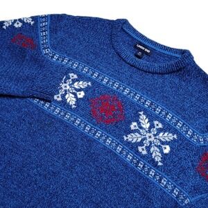 Lands End Fair Isle Sweater Mens XL Blue Snowflake Wool Blend Holiday Christmas